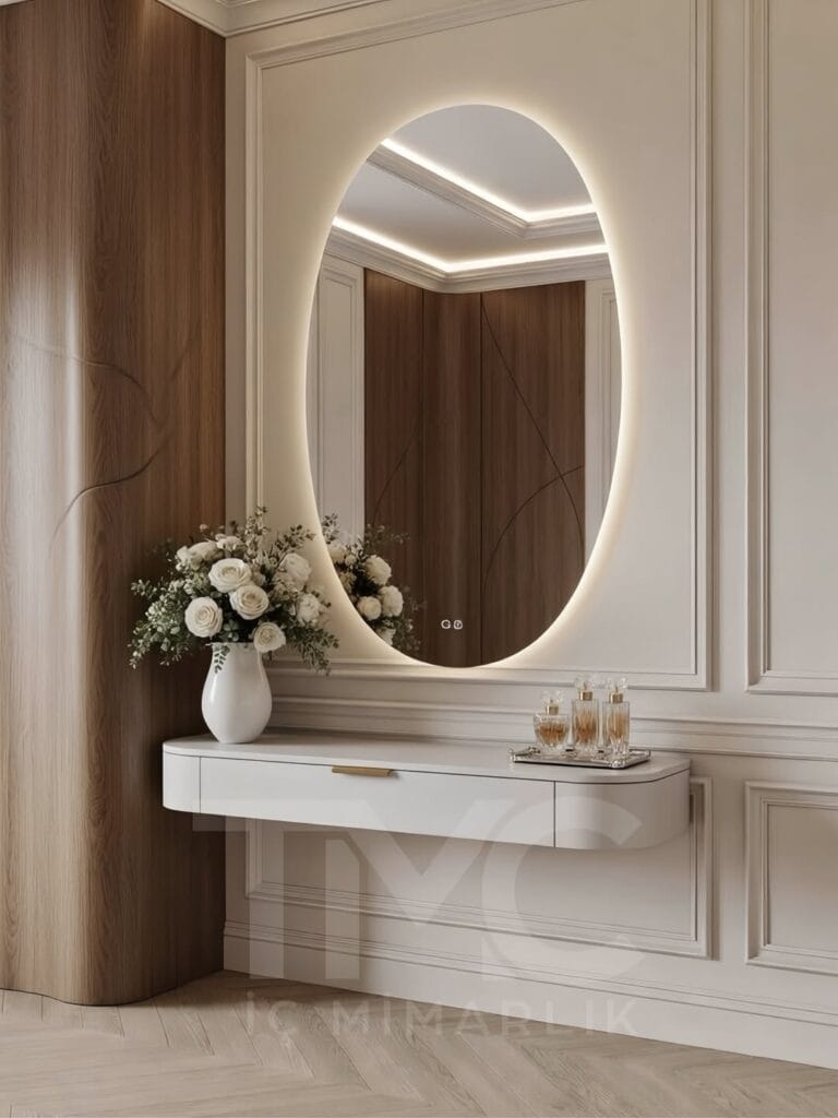 Modern antre tasarımı, kemer formunda LED aydınlatmalı ayna, bej tonlarında lake konsol, duvar panel detayları ve minimal dekorasyon ile şık ve ferah giriş alanı, modern iç mimari antre modeli, İstanbul özel ölçü antre mobilyası.