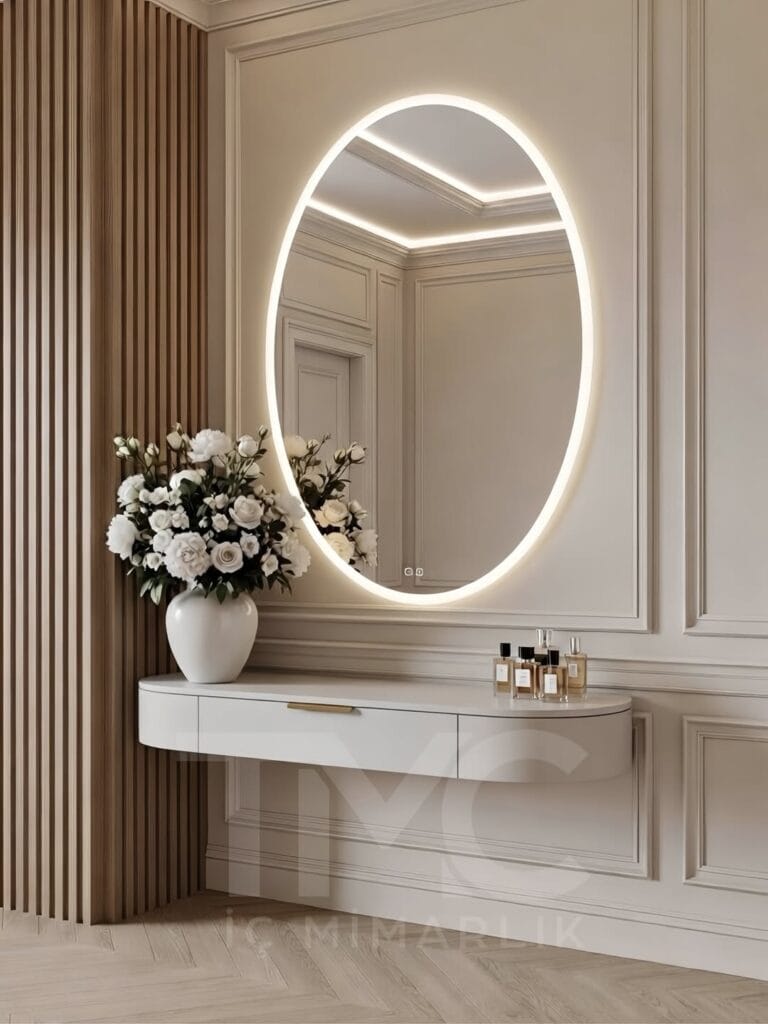 Modern antre tasarımı, kemer formunda LED aydınlatmalı ayna, bej tonlarında lake konsol, duvar panel detayları ve minimal dekorasyon ile şık ve ferah giriş alanı, modern iç mimari antre modeli, İstanbul özel ölçü antre mobilyası.