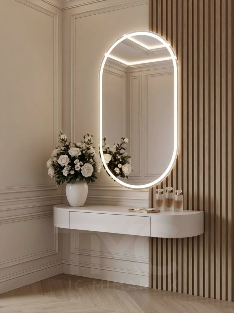 Modern antre tasarımı, kemer formunda LED aydınlatmalı ayna, bej tonlarında lake konsol, duvar panel detayları ve minimal dekorasyon ile şık ve ferah giriş alanı, modern iç mimari antre modeli, İstanbul özel ölçü antre mobilyası.