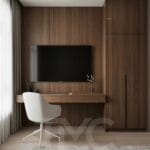 nervür panel detaylı modern çalışma alanı ve tv ünitesi tasarımı, led aydınlatmalı vitrin modülü, doğal ahşap dokulu home office iç mimari tasarım