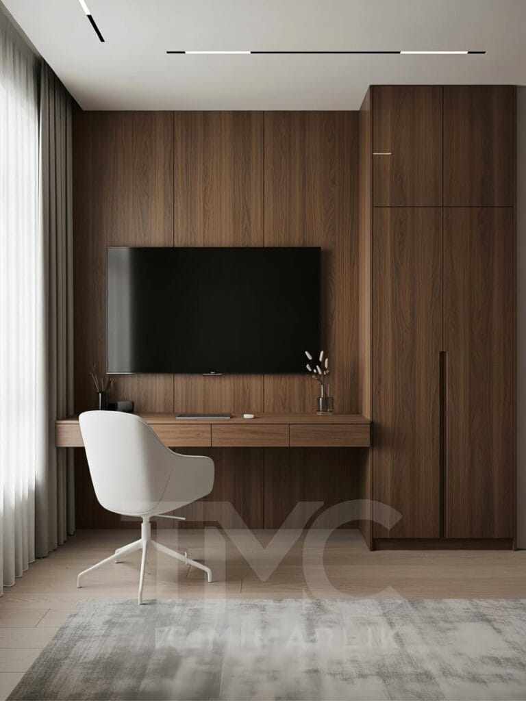 nervür panel detaylı modern çalışma alanı ve tv ünitesi tasarımı, led aydınlatmalı vitrin modülü, doğal ahşap dokulu home office iç mimari tasarım