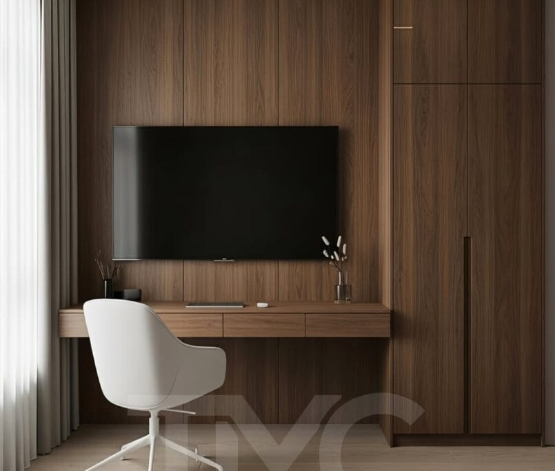 nervür panel detaylı modern çalışma alanı ve tv ünitesi tasarımı, led aydınlatmalı vitrin modülü, doğal ahşap dokulu home office iç mimari tasarım
