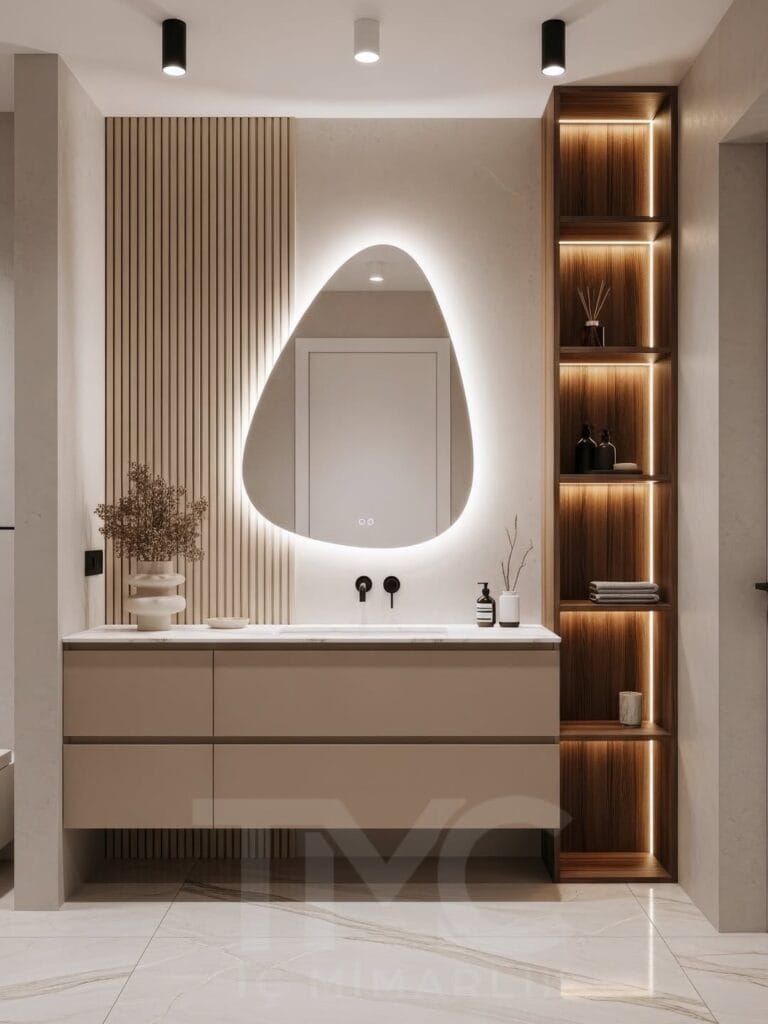 Vera Concept projesi kapsamında Ankara için özel olarak tasarlanan bu modern banyo tasarımı; depolama, estetik, LED aydınlatma ve ölçüye özel çözümleri bir araya getiriyor.
