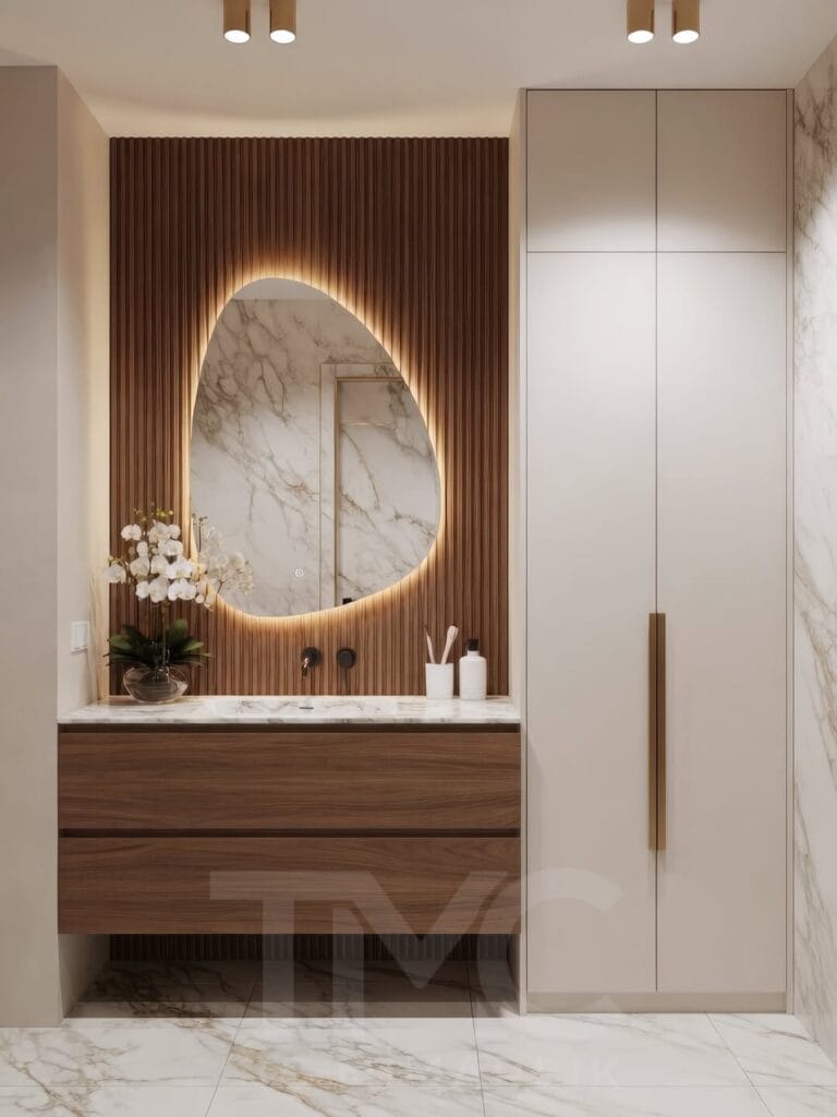 Vera Concept projesi kapsamında Ankara için özel olarak tasarlanan bu modern banyo tasarımı; depolama, estetik, LED aydınlatma ve ölçüye özel çözümleri bir araya getiriyor.