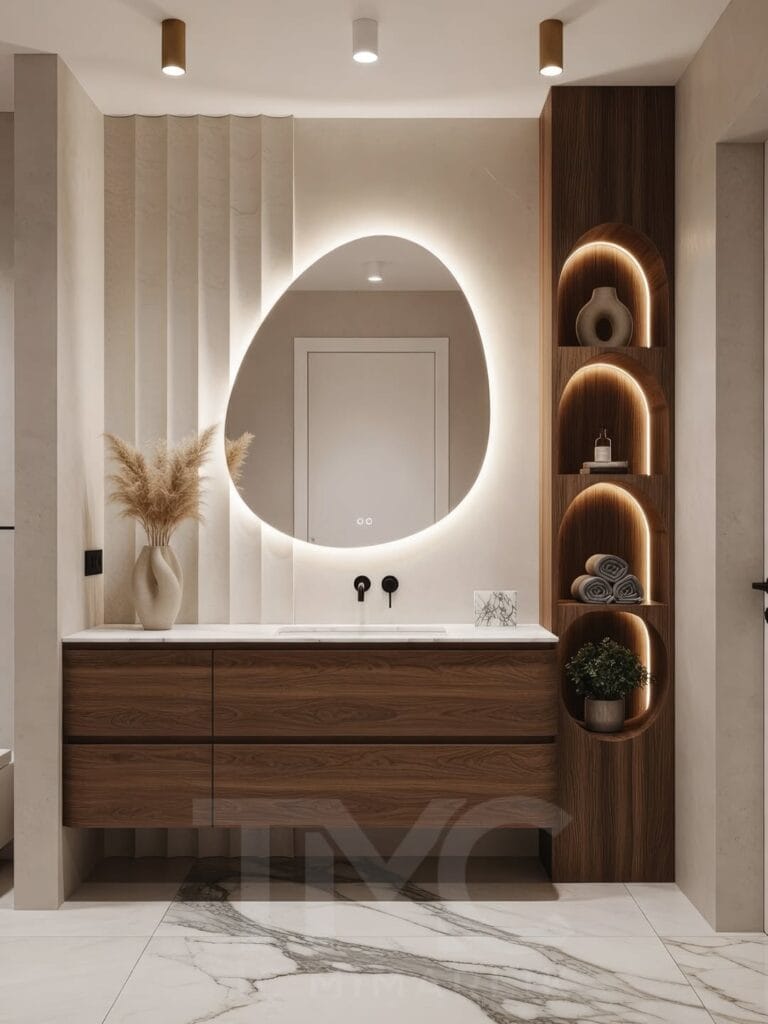 Vera Concept projesi kapsamında Ankara için özel olarak tasarlanan bu modern banyo tasarımı; depolama, estetik, LED aydınlatma ve ölçüye özel çözümleri bir araya getiriyor.