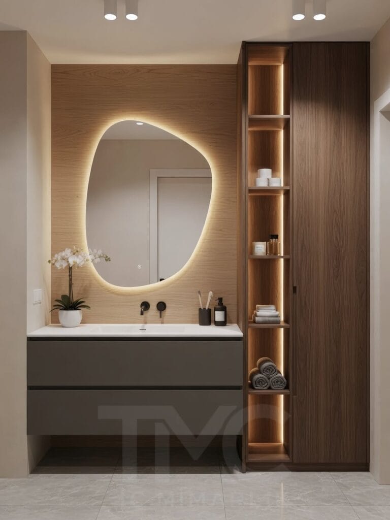 Vera Concept projesi kapsamında Ankara için özel olarak tasarlanan bu modern banyo tasarımı; depolama, estetik, LED aydınlatma ve ölçüye özel çözümleri bir araya getiriyor.