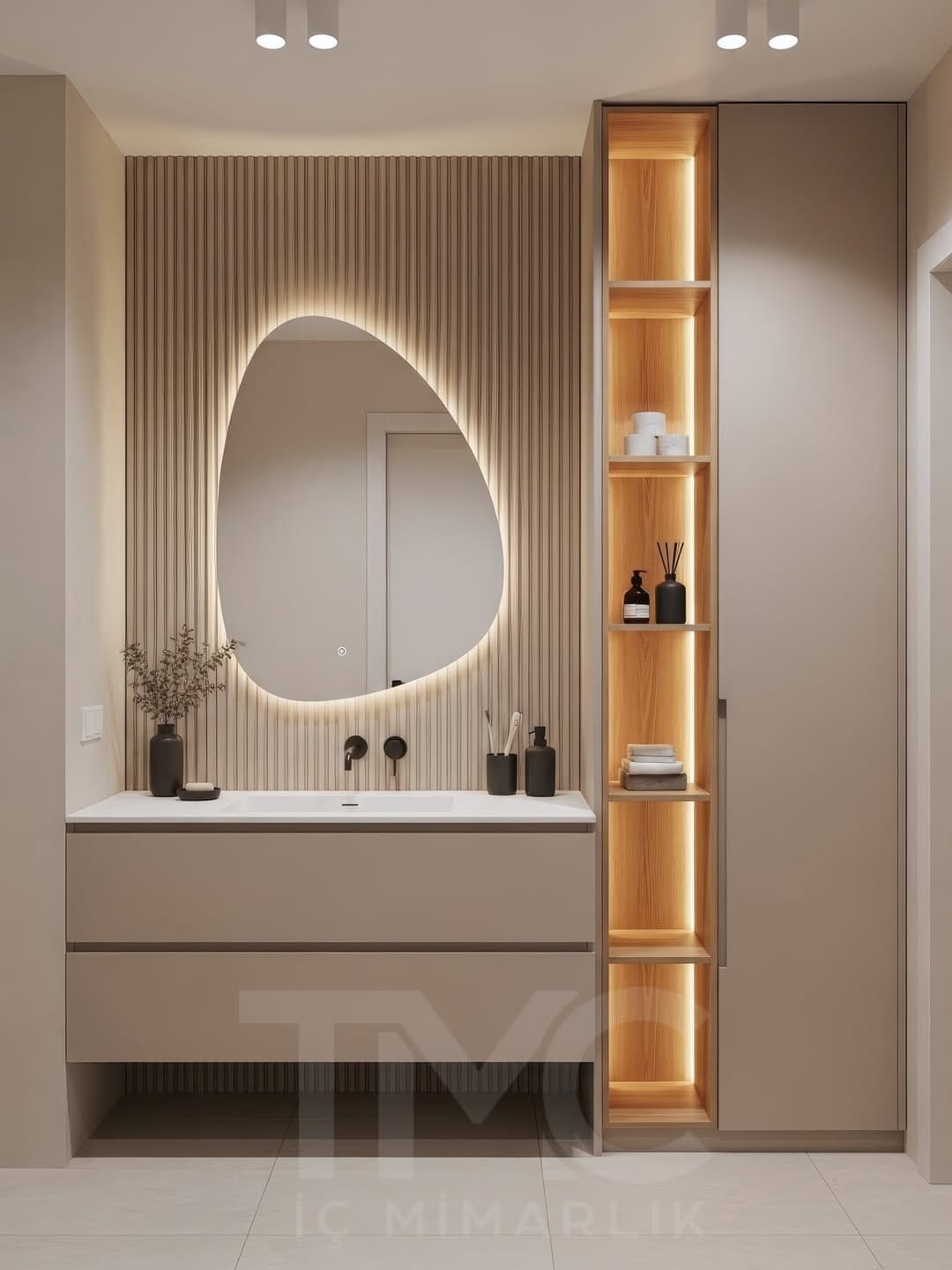 Vera Concept projesi kapsamında Ankara için özel olarak tasarlanan bu modern banyo tasarımı; depolama, estetik, LED aydınlatma ve ölçüye özel çözümleri bir araya getiriyor.
