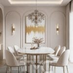Modern yemek odası tasarımı; mermer masa, gold metal detaylar ve simetrik duvar panelleri ile lüks ve zamansız bir iç mimari çözüm sunar. Açık ton renk paleti ve dengeli aydınlatma sayesinde mekânda ferah ve şık bir atmosfer oluşturulmuştur. TMC Mimarlık tarafından tasarlanmıştır.