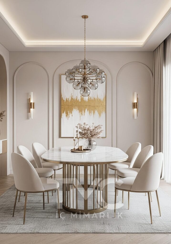 Modern yemek odası tasarımı; mermer masa, gold metal detaylar ve simetrik duvar panelleri ile lüks ve zamansız bir iç mimari çözüm sunar. Açık ton renk paleti ve dengeli aydınlatma sayesinde mekânda ferah ve şık bir atmosfer oluşturulmuştur. TMC Mimarlık tarafından tasarlanmıştır.