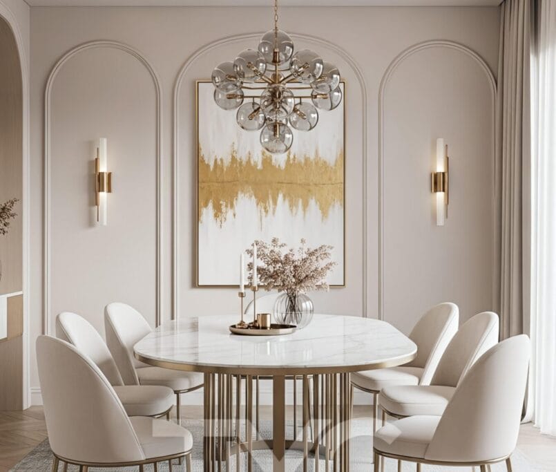 Modern yemek odası tasarımı; mermer masa, gold metal detaylar ve simetrik duvar panelleri ile lüks ve zamansız bir iç mimari çözüm sunar. Açık ton renk paleti ve dengeli aydınlatma sayesinde mekânda ferah ve şık bir atmosfer oluşturulmuştur. TMC Mimarlık tarafından tasarlanmıştır.