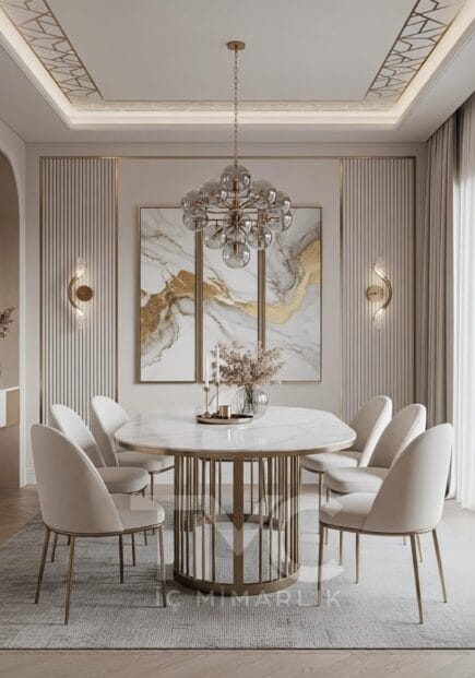 Modern yemek odası tasarımı; mermer masa, gold metal detaylar ve simetrik duvar panelleri ile lüks ve zamansız bir iç mimari çözüm sunar. Açık ton renk paleti ve dengeli aydınlatma sayesinde mekânda ferah ve şık bir atmosfer oluşturulmuştur. TMC Mimarlık tarafından tasarlanmıştır.