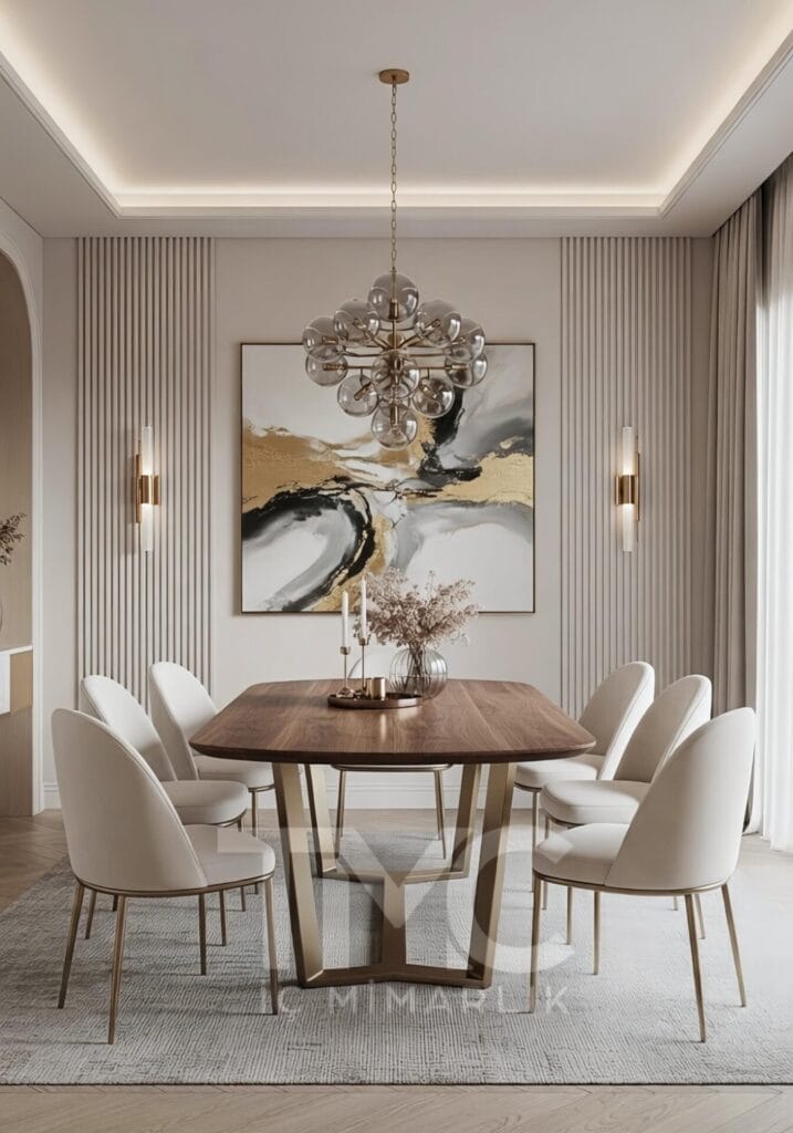 Modern yemek odası tasarımı, mermer masa, gold detaylar ve simetrik duvar panelleri ile lüks ve zamansız iç mimari çözümü.