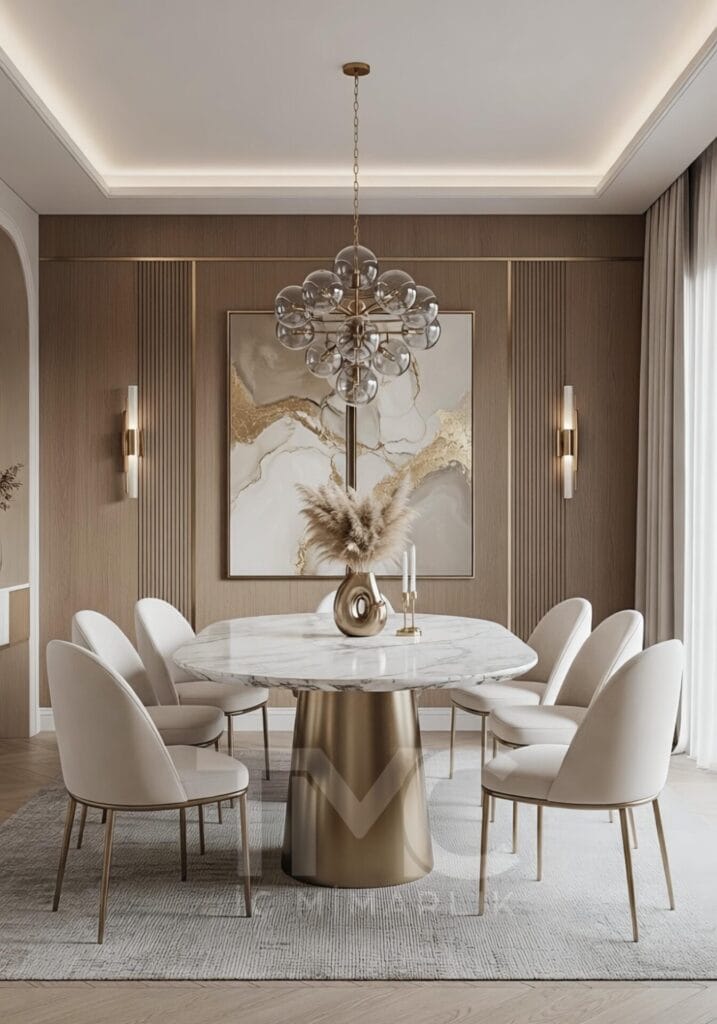 Modern yemek odası tasarımı, mermer masa, gold detaylar ve simetrik duvar panelleri ile lüks ve zamansız iç mimari çözümü.