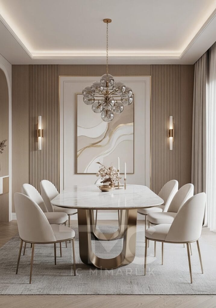 Modern yemek odası tasarımı; mermer masa, gold metal detaylar ve simetrik duvar panelleri ile lüks ve zamansız bir iç mimari çözüm sunar. Açık ton renk paleti ve dengeli aydınlatma sayesinde mekânda ferah ve şık bir atmosfer oluşturulmuştur. TMC Mimarlık tarafından tasarlanmıştır.