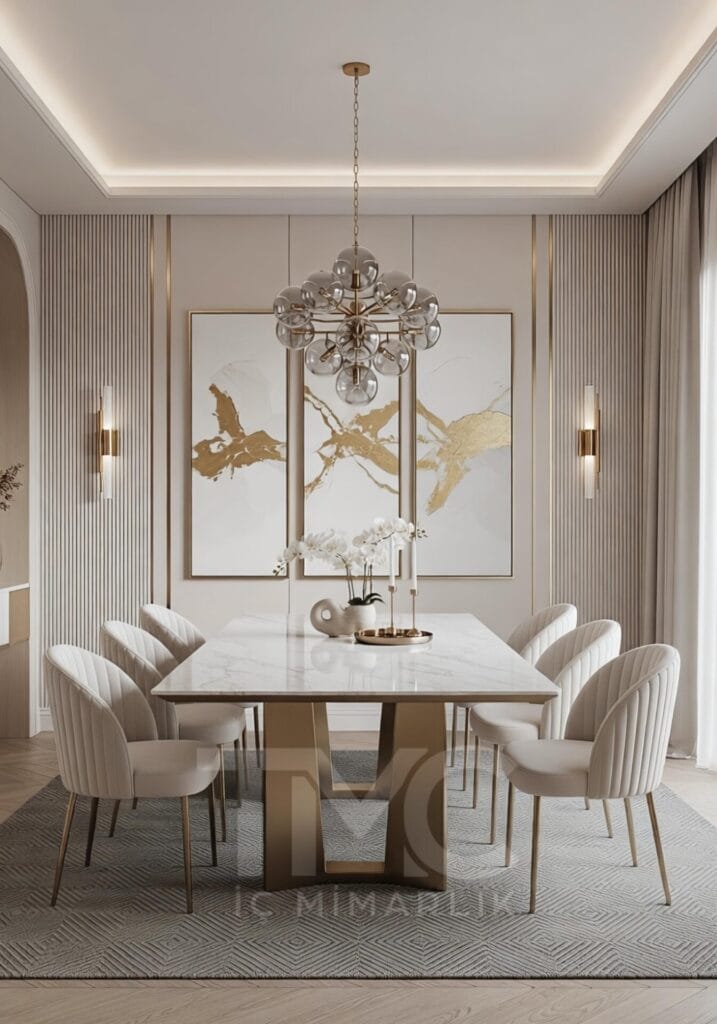 Modern yemek odası tasarımı; mermer masa, gold metal detaylar ve simetrik duvar panelleri ile lüks ve zamansız bir iç mimari çözüm sunar. Açık ton renk paleti ve dengeli aydınlatma sayesinde mekânda ferah ve şık bir atmosfer oluşturulmuştur. TMC Mimarlık tarafından tasarlanmıştır.