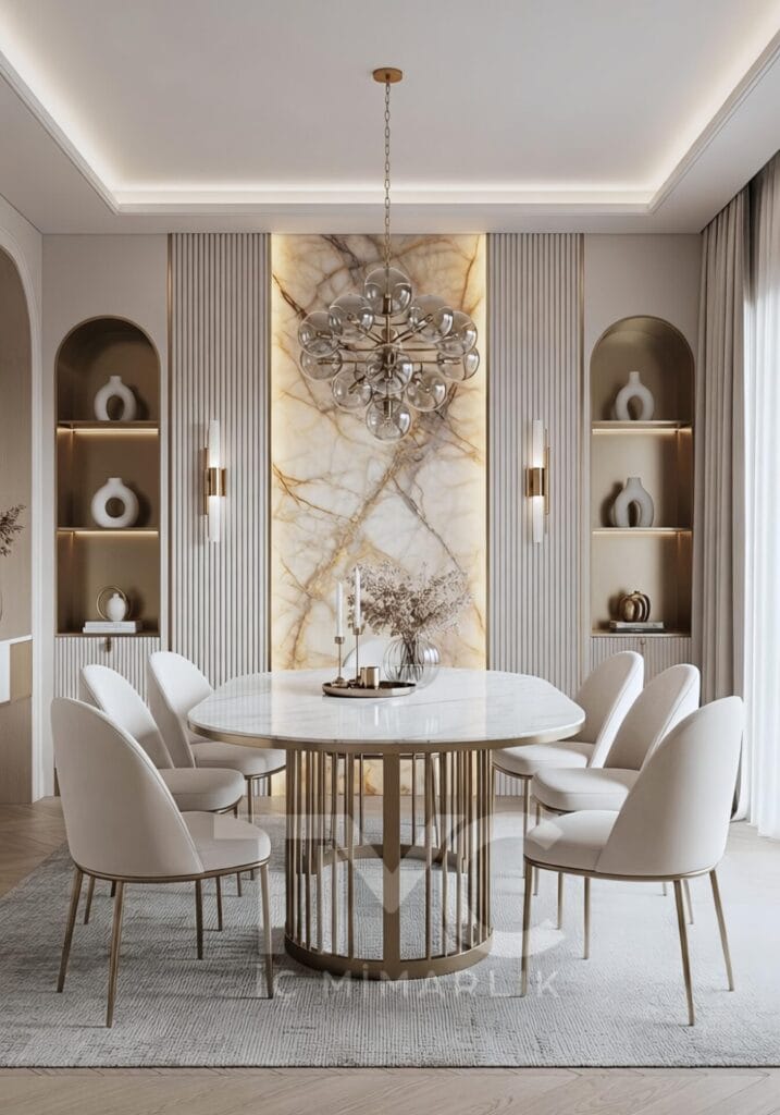 Modern yemek odası tasarımı; mermer masa, gold metal detaylar ve simetrik duvar panelleri ile lüks ve zamansız bir iç mimari çözüm sunar. Açık ton renk paleti ve dengeli aydınlatma sayesinde mekânda ferah ve şık bir atmosfer oluşturulmuştur. TMC Mimarlık tarafından tasarlanmıştır.