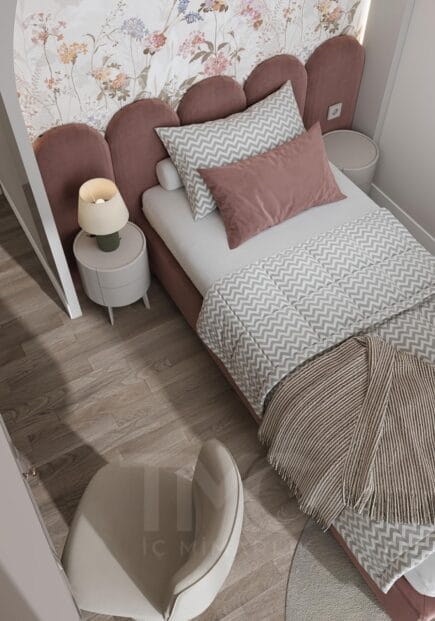 Modern genç odası tasarımı, nervür detaylı gardırop, aydınlatmalı niş ve pastel tonların uyumuyla estetik ve fonksiyonel yaşam alanı sunan özel ölçü iç mimari proje.