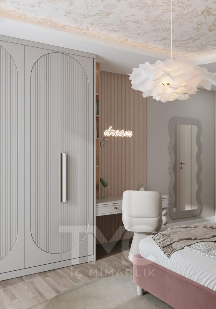 genç odası tasarımı, modern genç odası dekorasyonu, özel ölçü dolap tasarımı, nervür kapak, iç mimari genç odası, çalışma masası tasarımı, pastel ton iç mekan, modern yatak odası tasarımı, fonksiyonel depolama çözümleri