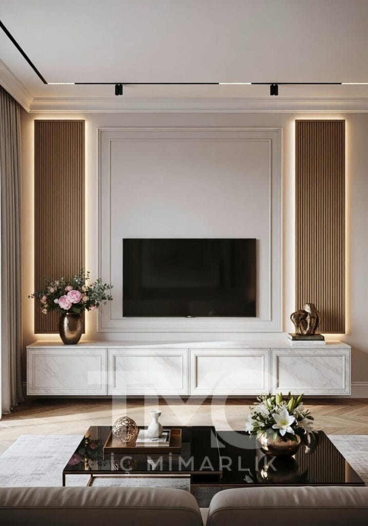 Modern TV ünitesi tasarımı, panel duvar uygulaması ve gizli LED aydınlatma detayları ile sade, şık ve zamansız bir iç mimari çözüm. Ölçüye özel modern duvar ünitesi tasarımı.