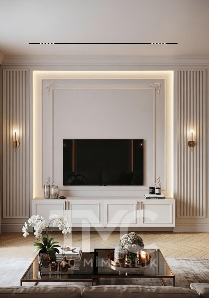 Modern TV ünitesi tasarımı, panel duvar uygulaması ve gizli LED aydınlatma detayları ile sade, şık ve zamansız bir iç mimari çözüm. Ölçüye özel modern duvar ünitesi tasarımı.