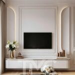 Modern TV ünitesi tasarımı, panel duvar uygulaması ve gizli LED aydınlatma detayları ile sade, şık ve zamansız bir iç mimari çözüm. Ölçüye özel modern duvar ünitesi tasarımı.
