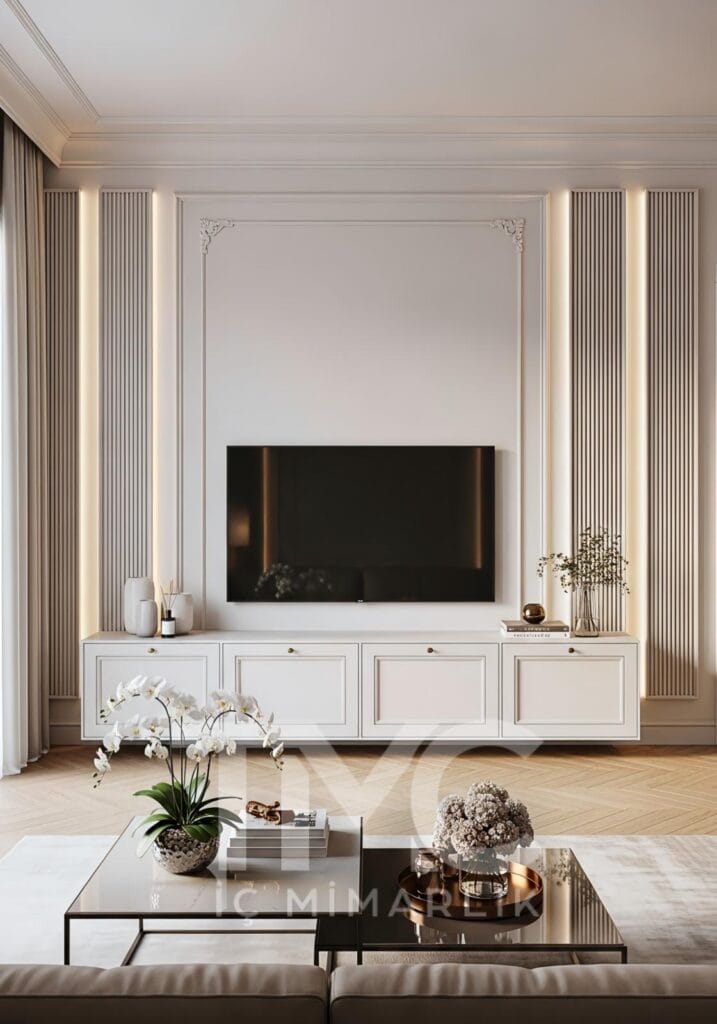Modern TV ünitesi tasarımı, panel duvar uygulaması ve gizli LED aydınlatma detayları ile sade, şık ve zamansız bir iç mimari çözüm. Ölçüye özel modern duvar ünitesi tasarımı.