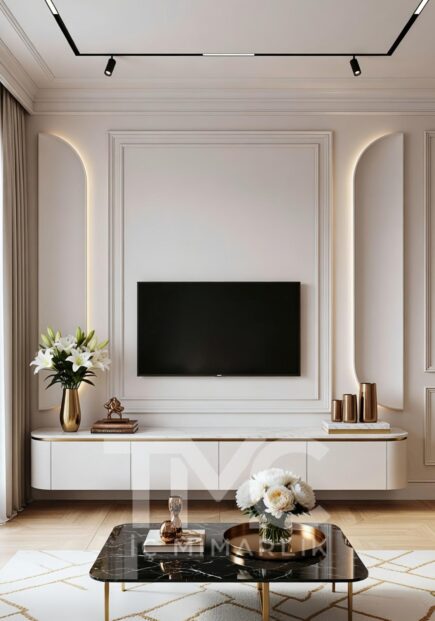 Modern TV ünitesi tasarımı, panel duvar uygulaması ve gizli LED aydınlatma detayları ile sade, şık ve zamansız bir iç mimari çözüm. Ölçüye özel modern duvar ünitesi tasarımı.