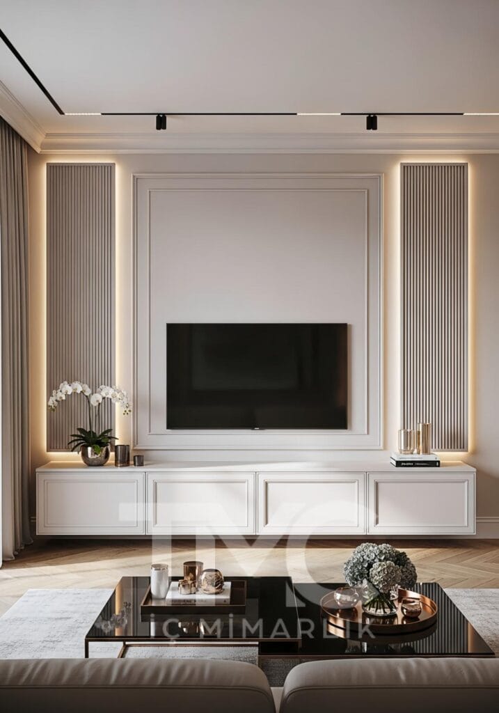 Modern TV ünitesi tasarımı, panel duvar uygulaması ve gizli LED aydınlatma detayları ile sade, şık ve zamansız bir iç mimari çözüm. Ölçüye özel modern duvar ünitesi tasarımı.