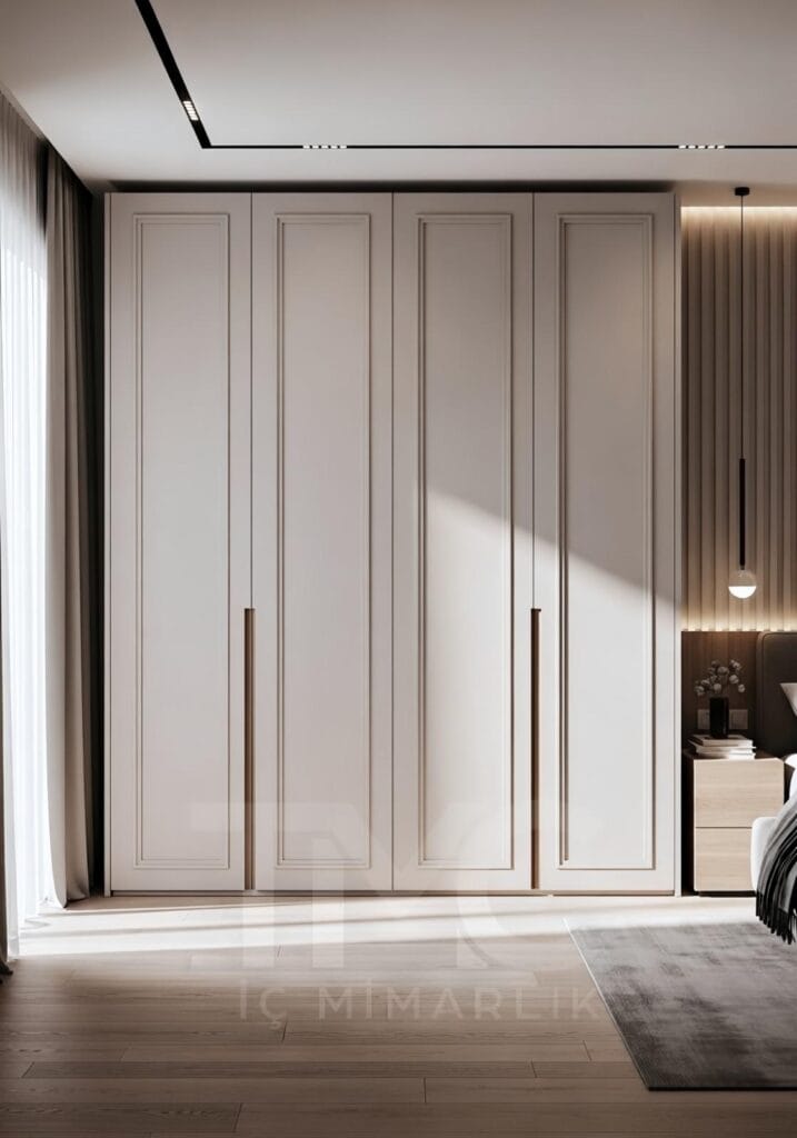 Modern giyinme dolabı tasarımı, ölçüye özel dolap modelleri, panel kapak, nervür cam dolap, modern iç mimari dolap çözümleri.