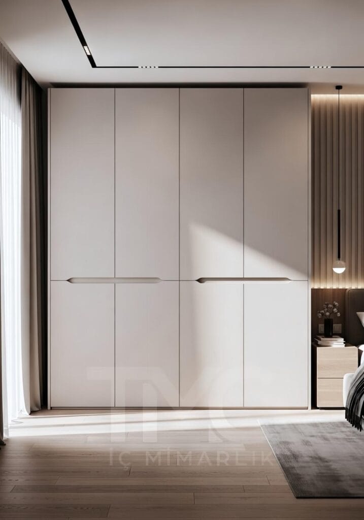 Modern giyinme dolabı tasarımı, ölçüye özel dolap modelleri, panel kapak, nervür cam dolap, modern iç mimari dolap çözümleri.