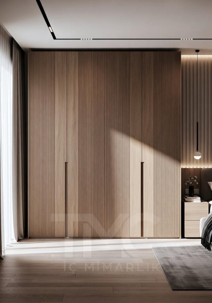 Modern giyinme dolabı tasarımı, ölçüye özel dolap modelleri, panel kapak, nervür cam dolap, modern iç mimari dolap çözümleri.