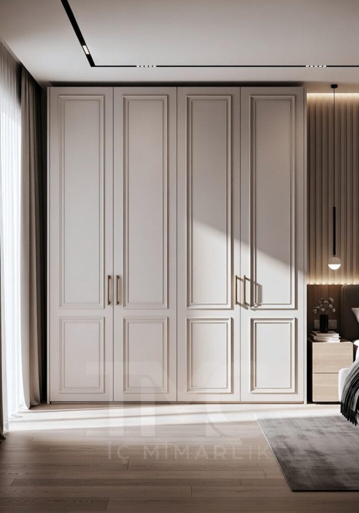 Modern giyinme dolabı tasarımı, ölçüye özel dolap modelleri, panel kapak, nervür cam dolap, modern iç mimari dolap çözümleri.