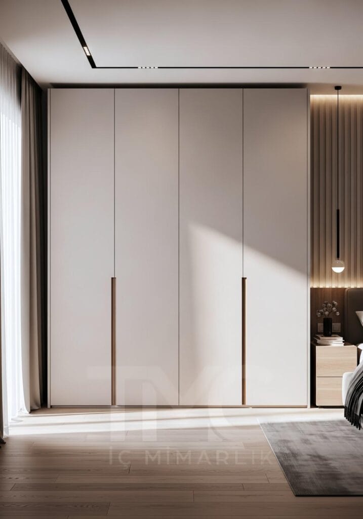 Modern giyinme dolabı tasarımı, ölçüye özel dolap modelleri, panel kapak, nervür cam dolap, modern iç mimari dolap çözümleri.