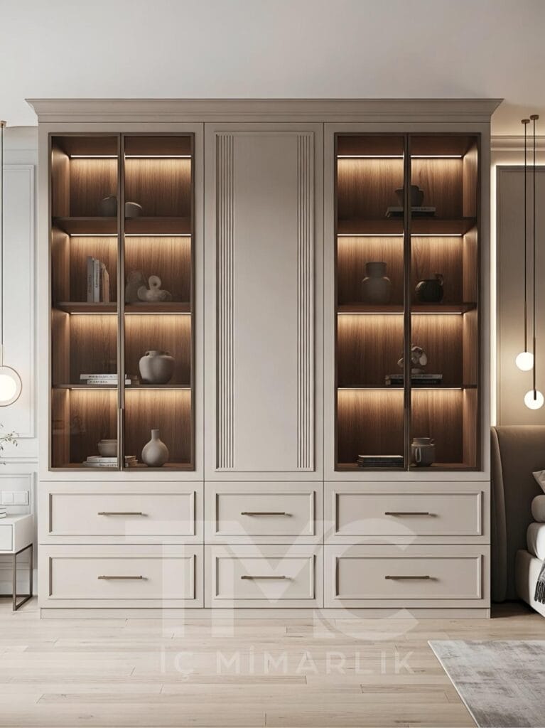 Modern vitrin dolap tasarımı, cam kapaklı ve LED aydınlatmalı dekoratif raf sistemi, beyaz ve ceviz tonlarında ölçüye özel depolama ünitesi, minimalist iç mimari tasarım, salon için modern cam kapak dolap modeli.
