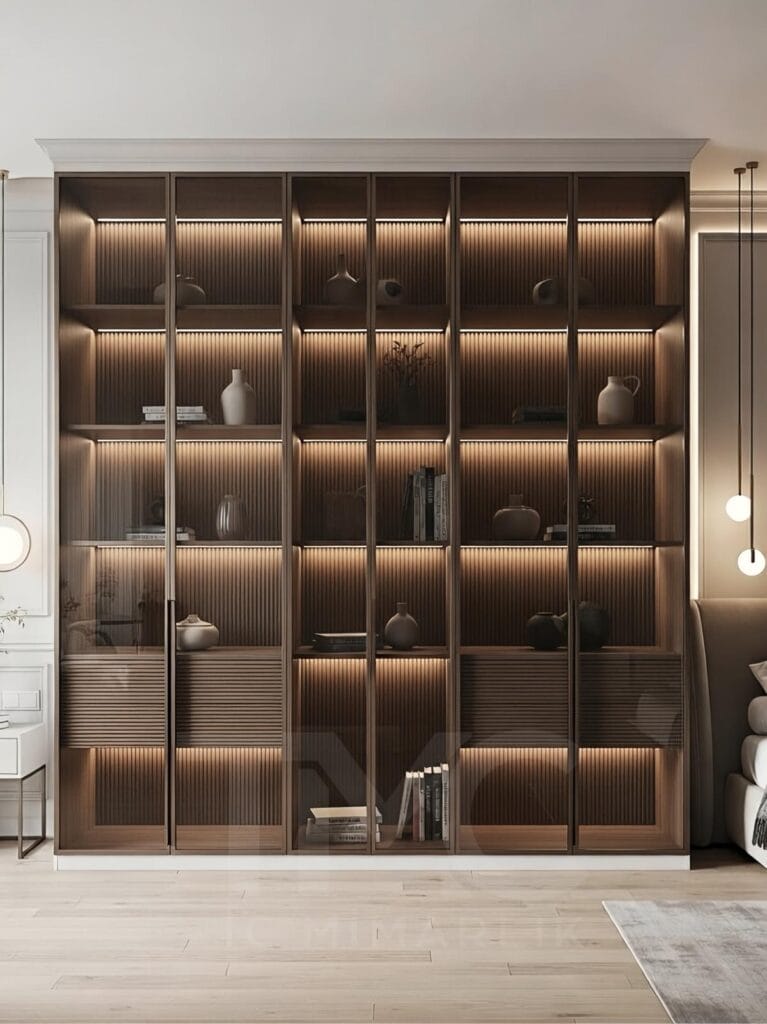 Modern vitrin dolap tasarımı, cam kapaklı ve LED aydınlatmalı dekoratif raf sistemi, beyaz ve ceviz tonlarında ölçüye özel depolama ünitesi, minimalist iç mimari tasarım, salon için modern cam kapak dolap modeli.