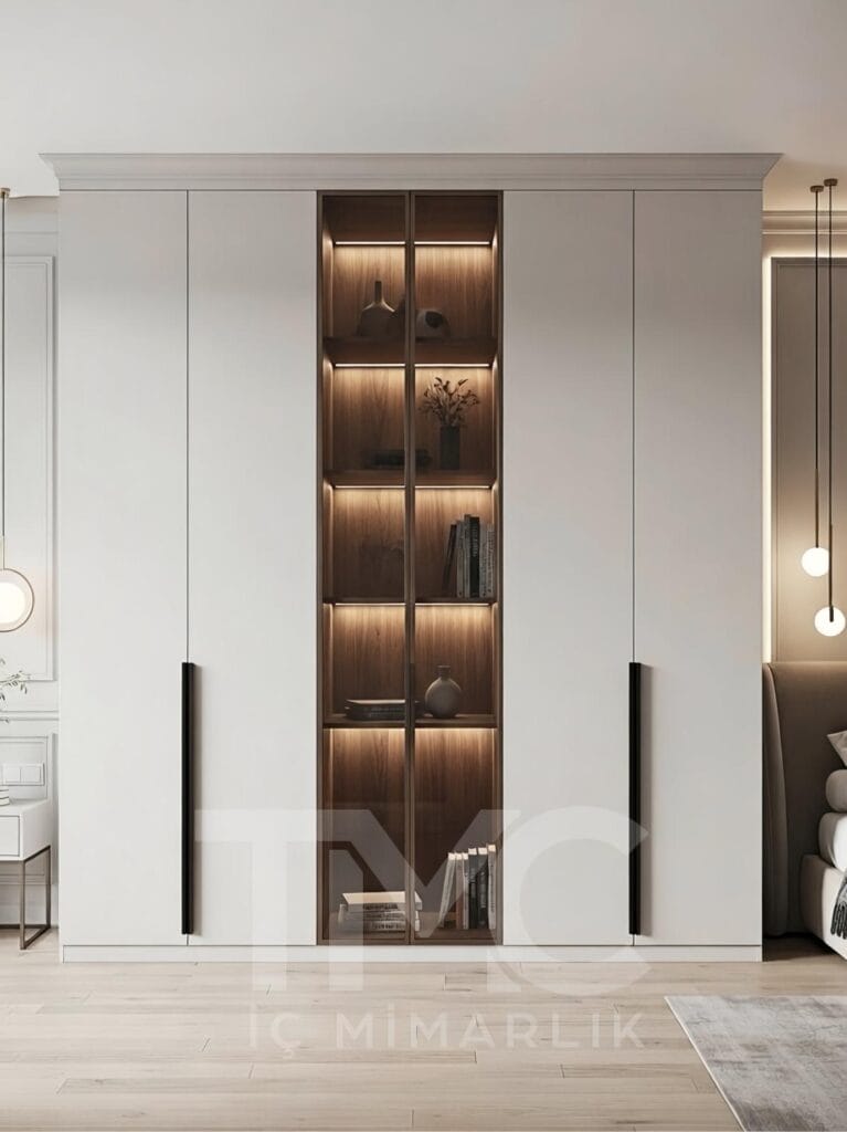 Modern vitrin dolap tasarımı, cam kapaklı ve LED aydınlatmalı dekoratif raf sistemi, beyaz ve ceviz tonlarında ölçüye özel depolama ünitesi, minimalist iç mimari tasarım, salon için modern cam kapak dolap modeli.