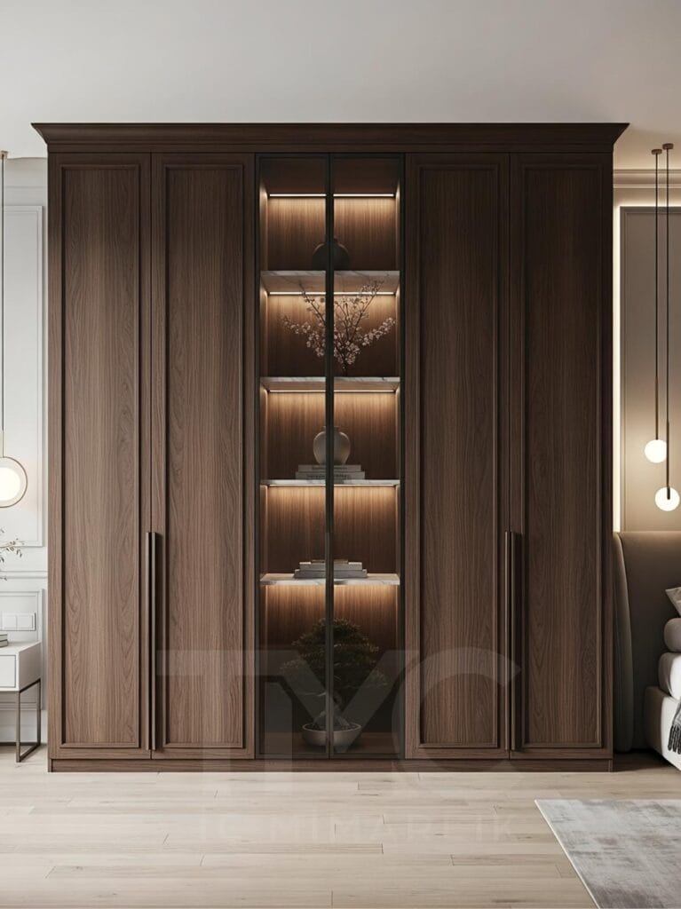 Modern vitrin dolap tasarımı, cam kapaklı ve LED aydınlatmalı dekoratif raf sistemi, beyaz ve ceviz tonlarında ölçüye özel depolama ünitesi, minimalist iç mimari tasarım, salon için modern cam kapak dolap modeli.