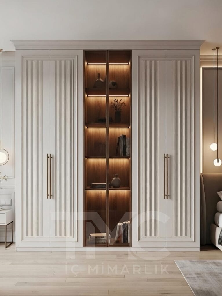 Modern vitrin dolap tasarımı, cam kapaklı ve LED aydınlatmalı dekoratif raf sistemi, beyaz ve ceviz tonlarında ölçüye özel depolama ünitesi, minimalist iç mimari tasarım, salon için modern cam kapak dolap modeli.