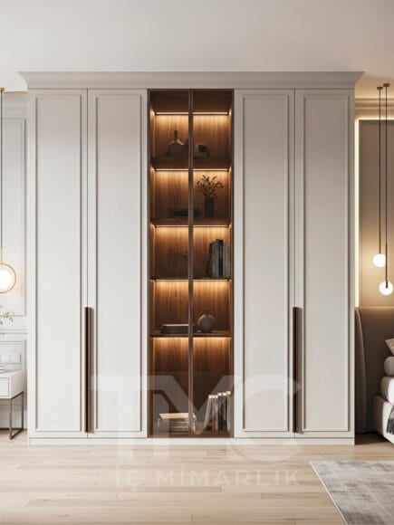Modern vitrin dolap tasarımı, cam kapaklı ve LED aydınlatmalı dekoratif raf sistemi, beyaz ve ceviz tonlarında ölçüye özel depolama ünitesi, minimalist iç mimari tasarım, salon için modern cam kapak dolap modeli.