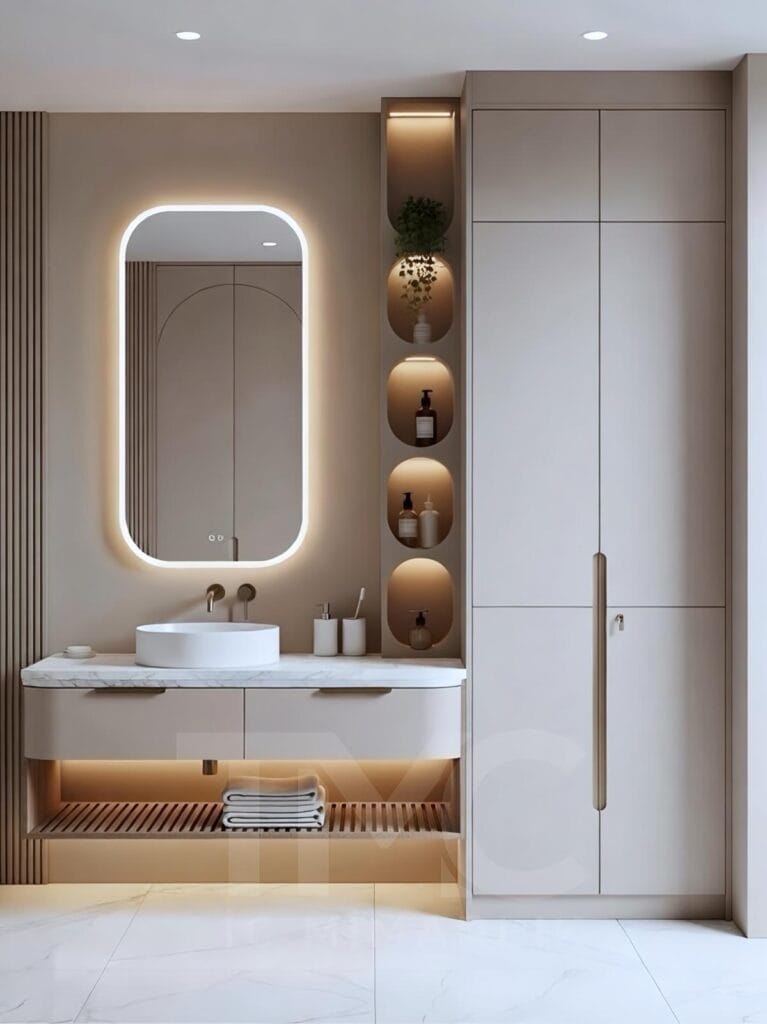 modern vizon tonlarında banyo dolabı tasarımı, tavana kadar depolama alanı, led niş raf aydınlatması, minimal modern banyo iç mimari tasarım, tmcmimarlık banyo dolabı
