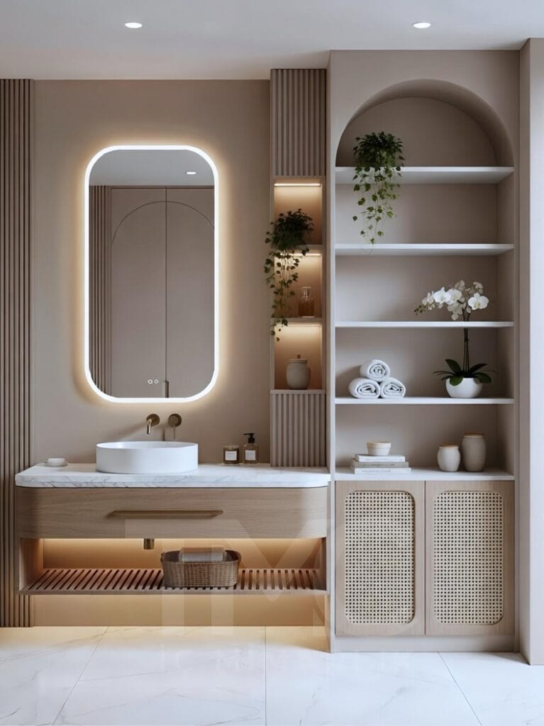modern vizon tonlarında banyo dolabı tasarımı, tavana kadar depolama alanı, led niş raf aydınlatması, minimal modern banyo iç mimari tasarım, tmcmimarlık banyo dolabı