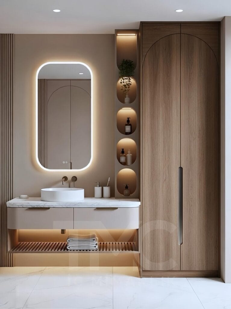 modern vizon tonlarında banyo dolabı tasarımı, tavana kadar depolama alanı, led niş raf aydınlatması, minimal modern banyo iç mimari tasarım, tmcmimarlık banyo dolabı