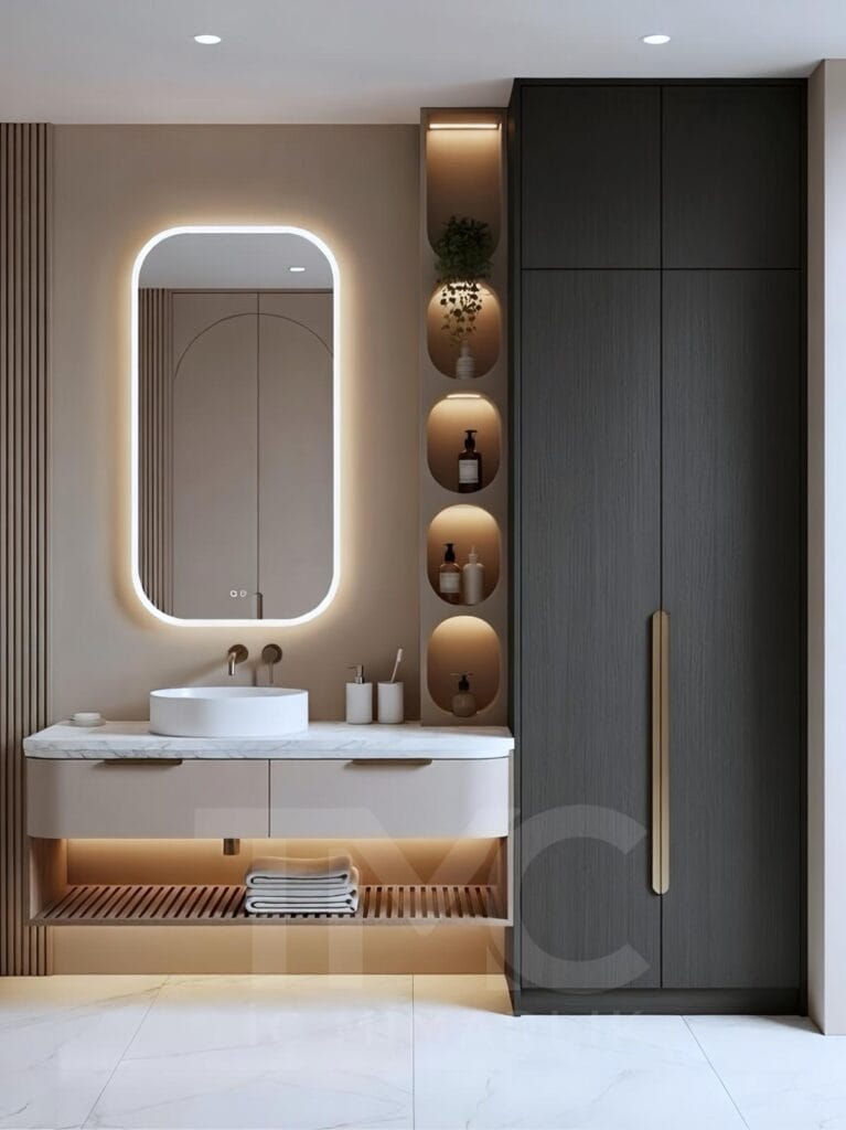 modern vizon tonlarında banyo dolabı tasarımı, tavana kadar depolama alanı, led niş raf aydınlatması, minimal modern banyo iç mimari tasarım, tmcmimarlık banyo dolabı