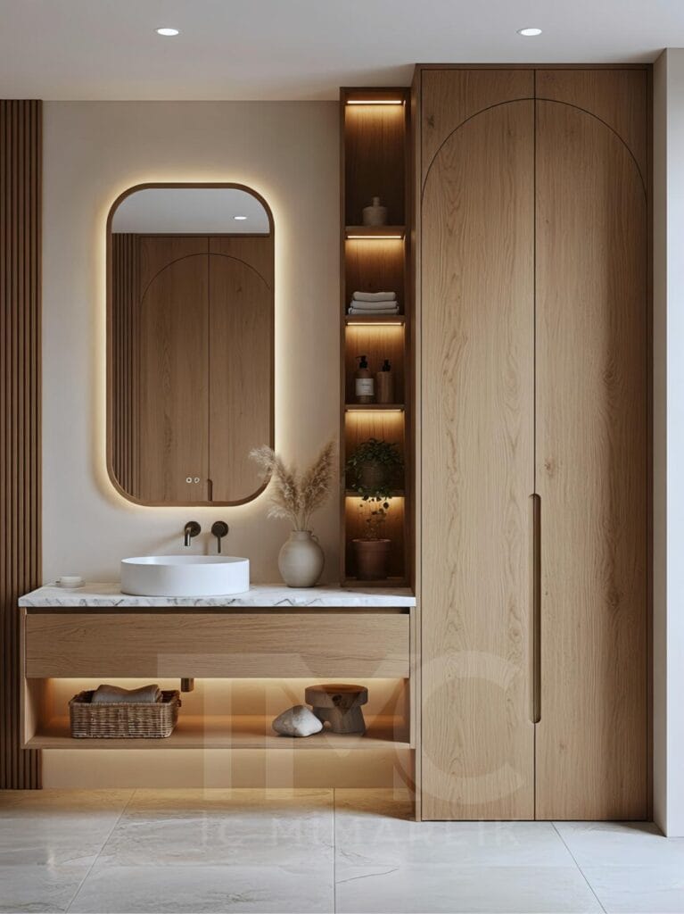 modern vizon tonlarında banyo dolabı tasarımı, tavana kadar depolama alanı, led niş raf aydınlatması, minimal modern banyo iç mimari tasarım, tmcmimarlık banyo dolabı