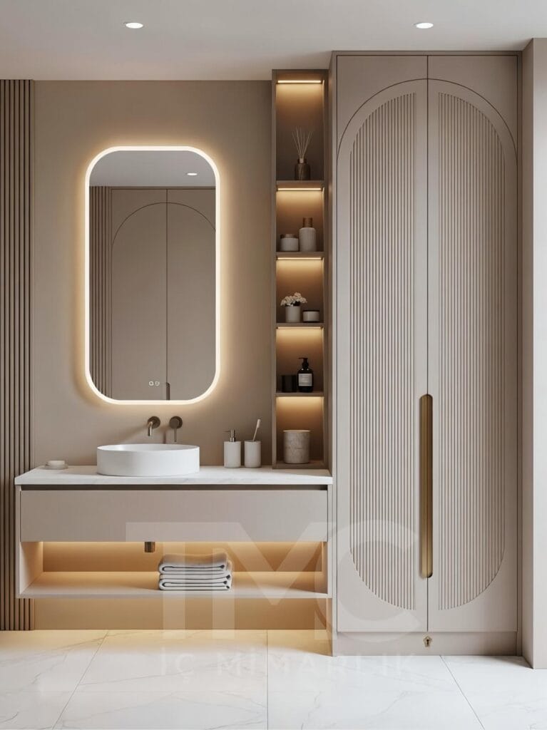 modern vizon tonlarında banyo dolabı tasarımı, tavana kadar depolama alanı, led niş raf aydınlatması, minimal modern banyo iç mimari tasarım, tmcmimarlık banyo dolabı