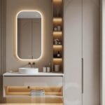modern vizon tonlarında banyo dolabı tasarımı, tavana kadar depolama alanı, led niş raf aydınlatması, minimal modern banyo iç mimari tasarım, tmcmimarlık banyo dolabı