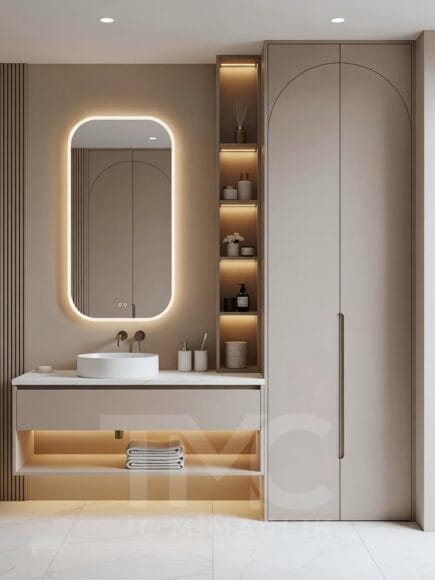 modern vizon tonlarında banyo dolabı tasarımı, tavana kadar depolama alanı, led niş raf aydınlatması, minimal modern banyo iç mimari tasarım, tmcmimarlık banyo dolabı