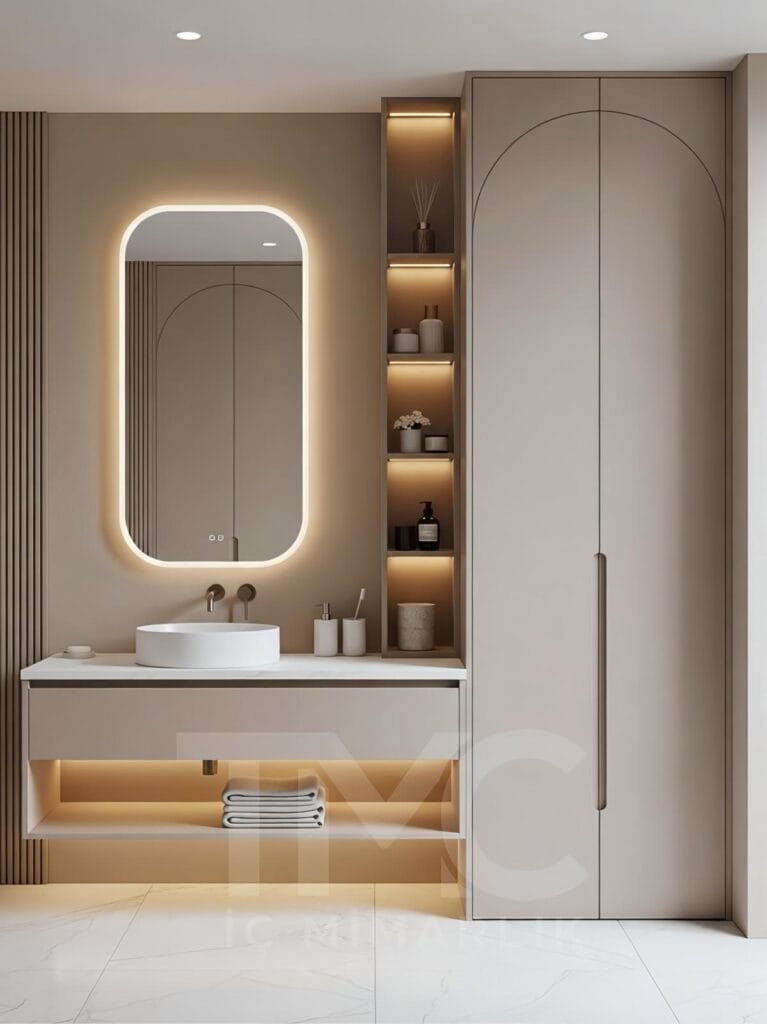 modern vizon tonlarında banyo dolabı tasarımı, tavana kadar depolama alanı, led niş raf aydınlatması, minimal modern banyo iç mimari tasarım, tmcmimarlık banyo dolabı