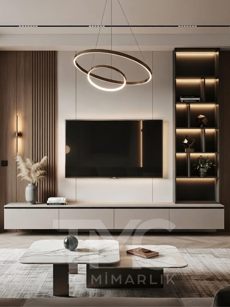 Modern TV ünitesi tasarımı, LED aydınlatmalı duvar paneli, ahşap ve mermer detaylı özel ölçü iç mimari salon dekorasyonu.