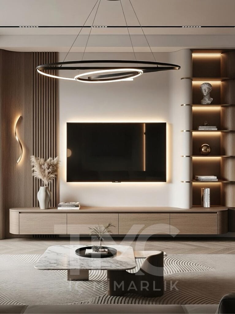 Modern TV ünitesi tasarımı, LED aydınlatmalı duvar paneli, ahşap ve mermer detaylı özel ölçü iç mimari salon dekorasyonu.